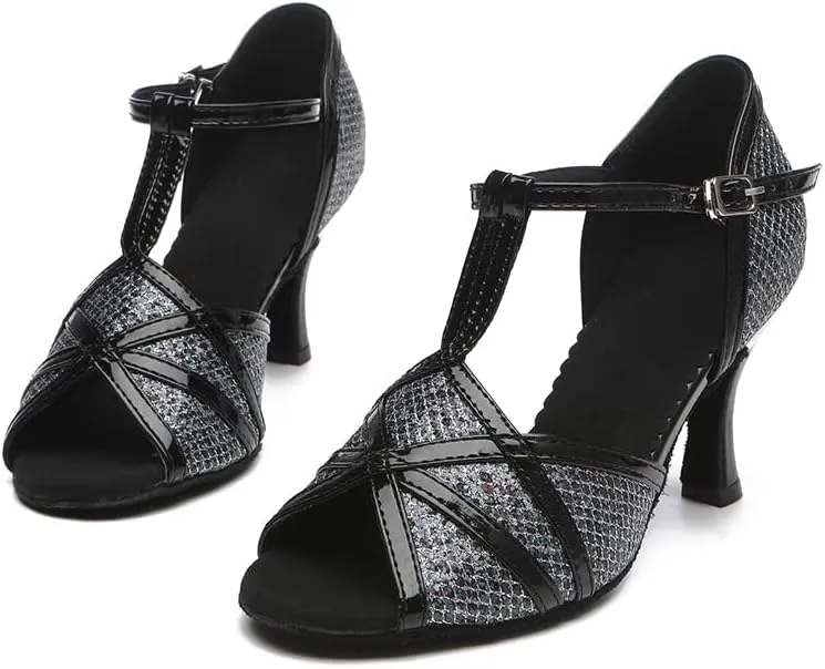 DKZSYIM Women's T-Strap Latin Dance Shoes Rhinestone Ballroom Salsa Performance Practice Dancing Shoes,Model YCL517