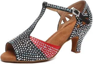 DKZSYIM Women's T-Strap Latin Dance Shoes Rhinestone Ballroom Salsa Performance Practice Dancing Shoes,Model YCL517