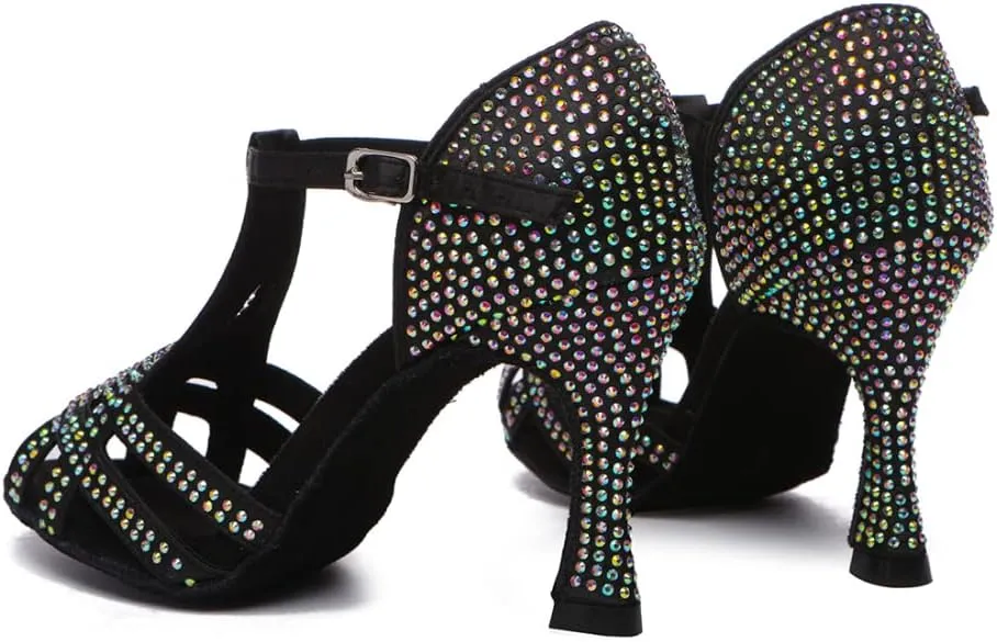 DKZSYIM Women's T-Strap Latin Dance Shoes Rhinestone Ballroom Salsa Performance Practice Dancing Shoes,Model YCL517