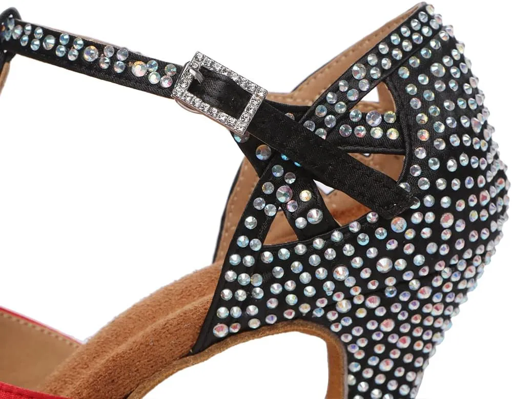 DKZSYIM Women's T-Strap Latin Dance Shoes Rhinestone Ballroom Salsa Performance Practice Dancing Shoes,Model YCL517