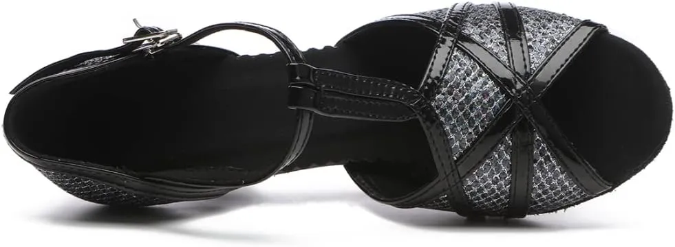 DKZSYIM Women's T-Strap Latin Dance Shoes Rhinestone Ballroom Salsa Performance Practice Dancing Shoes,Model YCL517