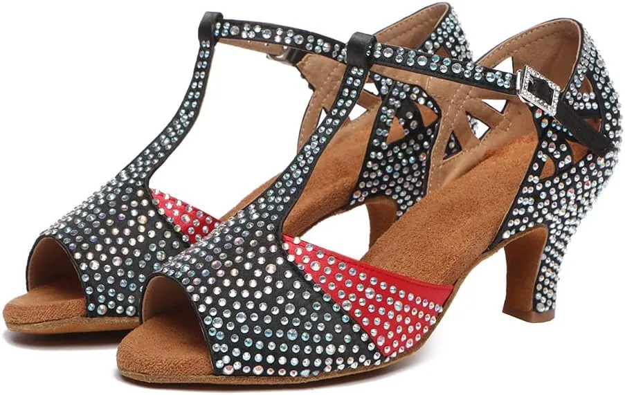 DKZSYIM Women's T-Strap Latin Dance Shoes Rhinestone Ballroom Salsa Performance Practice Dancing Shoes,Model YCL517