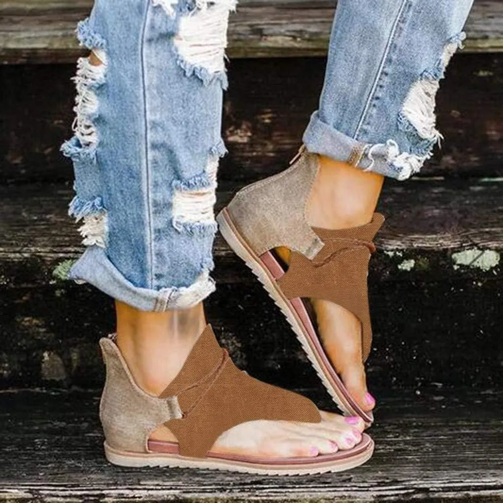 Eduavar Sandals for Women Casual Summer, Flat Sandals for Women Summer Open Toe Flip Flops Sandals Zip Up Suede Sandals