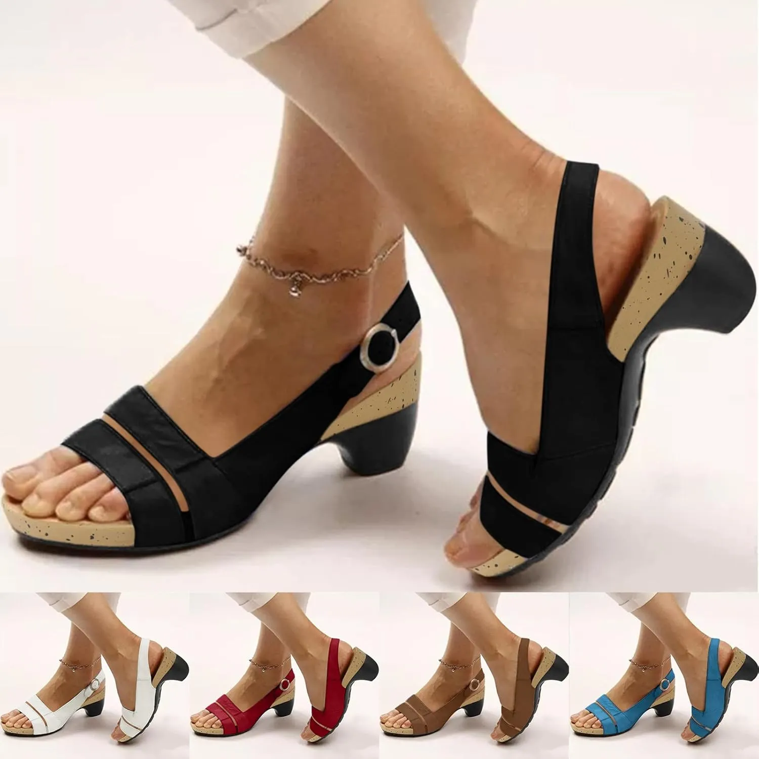 Eduavar Sandals for Women Casual Summer, Heeled Sandals for Women Dressy Summer Open Toe Chunky Low Heel Sandals Shoes