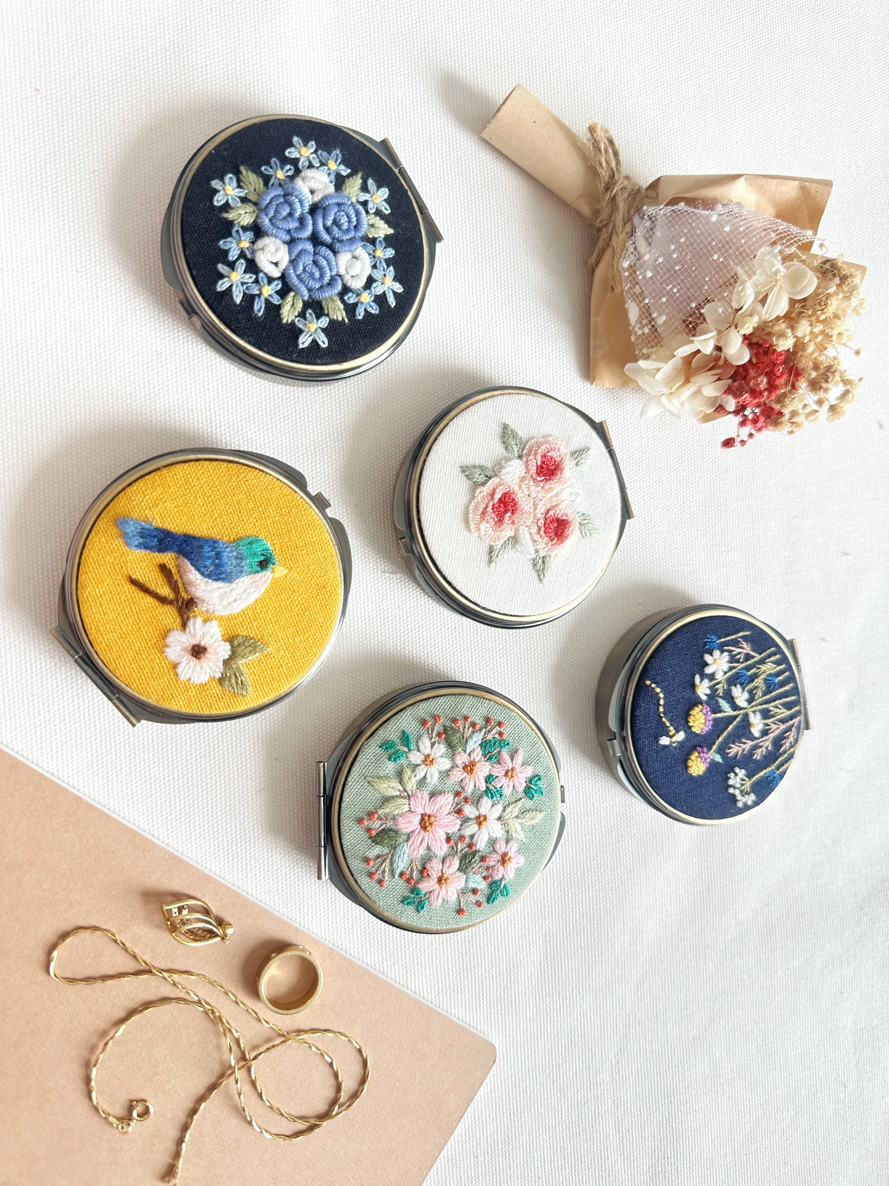Embroidered Round Jewelry Box With Mirror