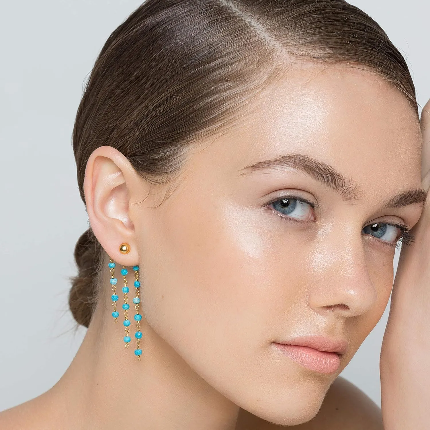 Emmanuela Dangle Drop Ear Jacket Earrings Handmade from 24K Gold Plated Sterling Silver with Turquoise Howlite Stones on chain Elegant Double Sided Earrings with Spikes Statement Jewelry