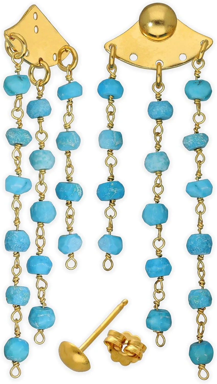Emmanuela Dangle Drop Ear Jacket Earrings Handmade from 24K Gold Plated Sterling Silver with Turquoise Howlite Stones on chain Elegant Double Sided Earrings with Spikes Statement Jewelry
