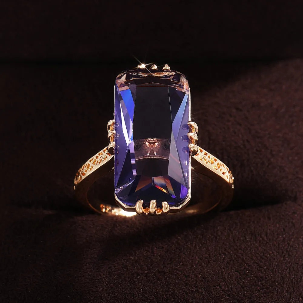 Fashion Jewelry Big Radiant Cut Purple Zircon Cocktail Rings for Women in Gold Color