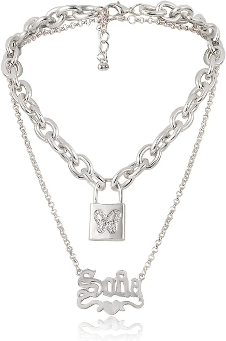 Fashion Layered Necklaces for Women, Butterfly Stacked Necklace 2 Layer Silver Lobster Claw Letter Butterfly Lock Design