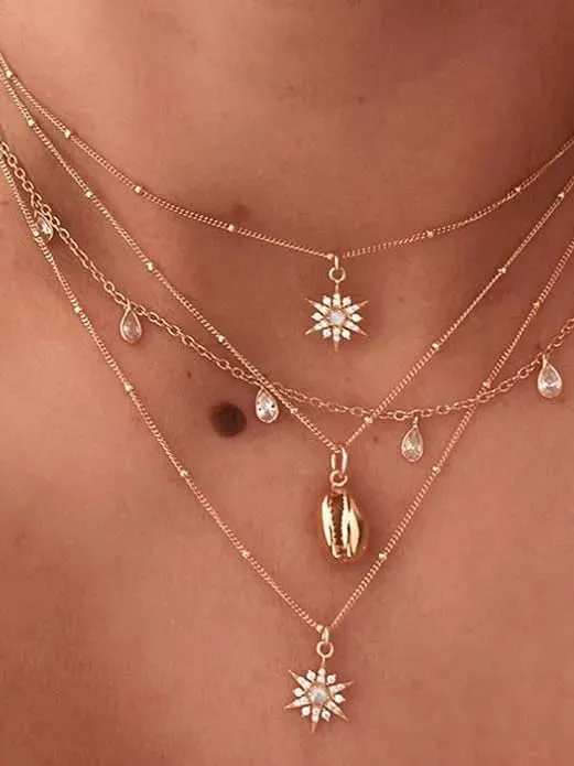 Fashion Populardiamond Star Drop Ally Shell Multi Layer Neclace For Women Girls Gold-Plated Plated Alloy Necklace