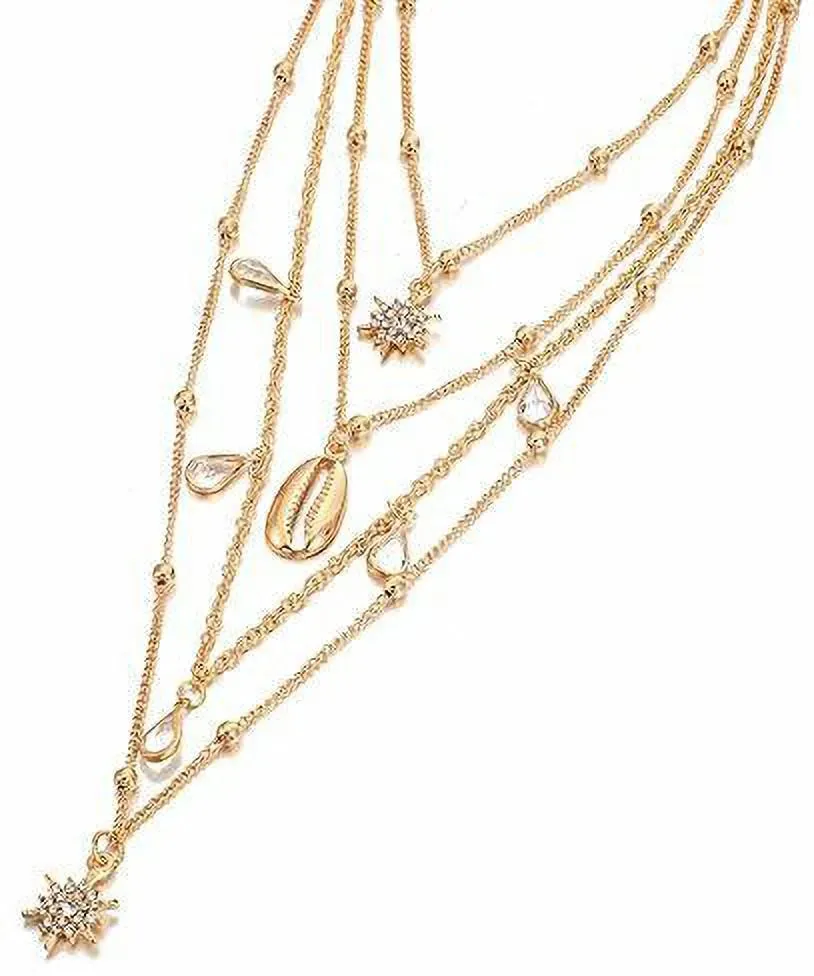 Fashion Populardiamond Star Drop Ally Shell Multi Layer Neclace For Women Girls Gold-Plated Plated Alloy Necklace