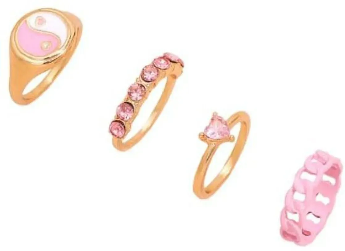 Fashionable Style Gossip Dripping Oil Heart Stone Gold Plated Ring Set - Set Of 4