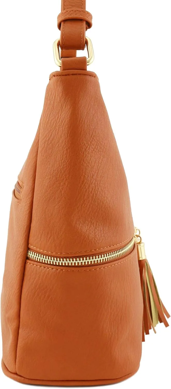 FashionPuzzle Lightweight Tassel Zipper Bucket Crossbody Bag