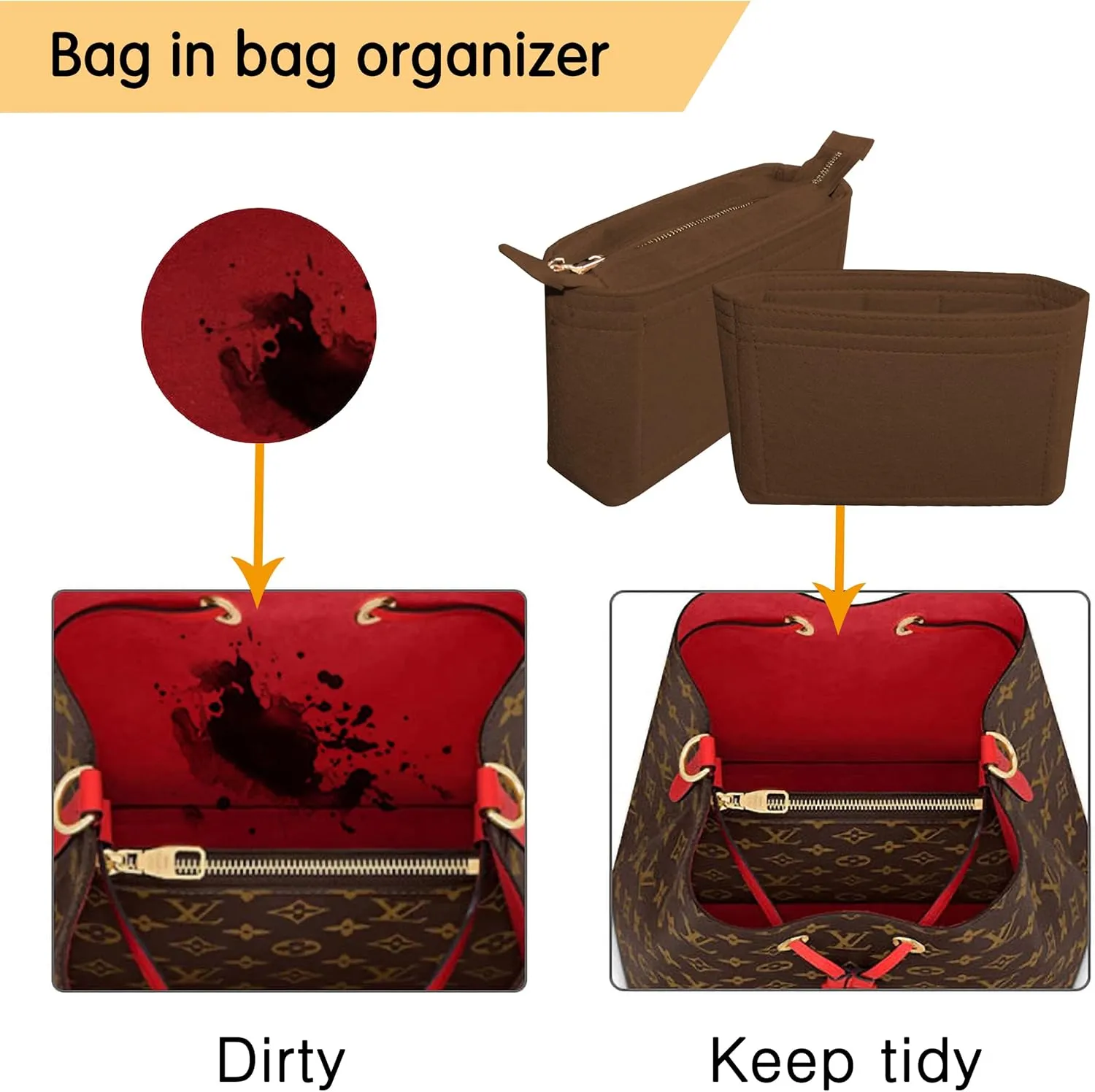 Felt Tote Bag organizer with Zipper Small Purse Organizer Insert With 2 Packs fits NeoNoe No Series perfectly