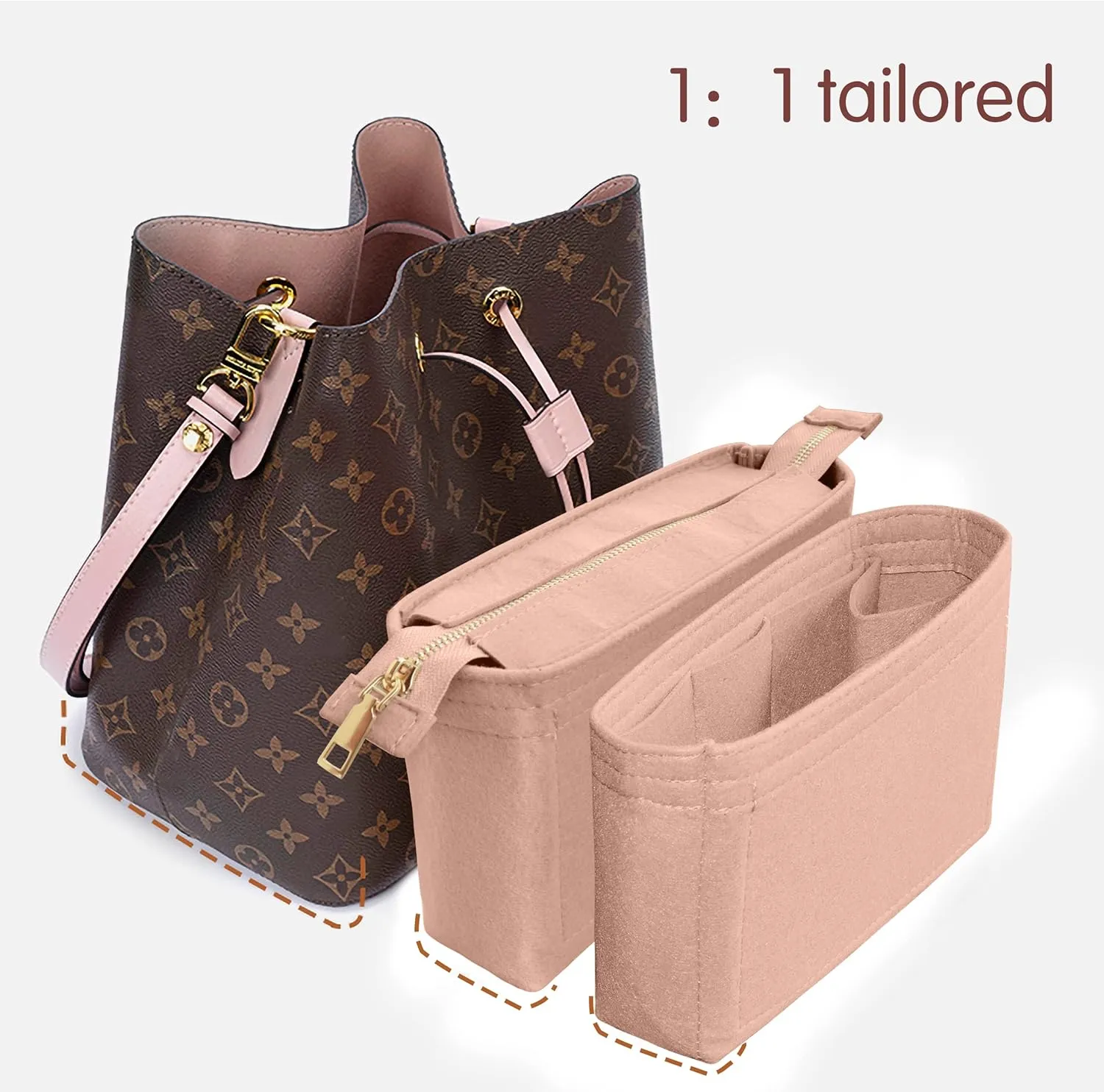 Felt Tote Bag organizer with Zipper Small Purse Organizer Insert With 2 Packs fits NeoNoe Series,Pink