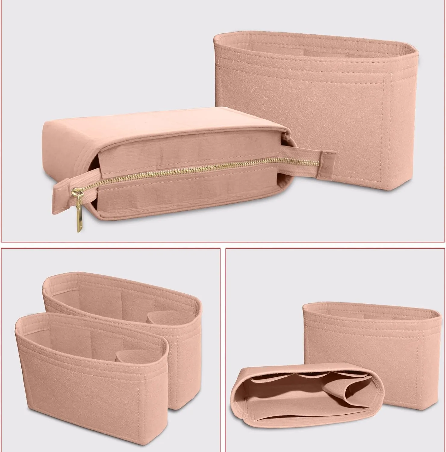 Felt Tote Bag organizer with Zipper Small Purse Organizer Insert With 2 Packs fits NeoNoe Series,Pink