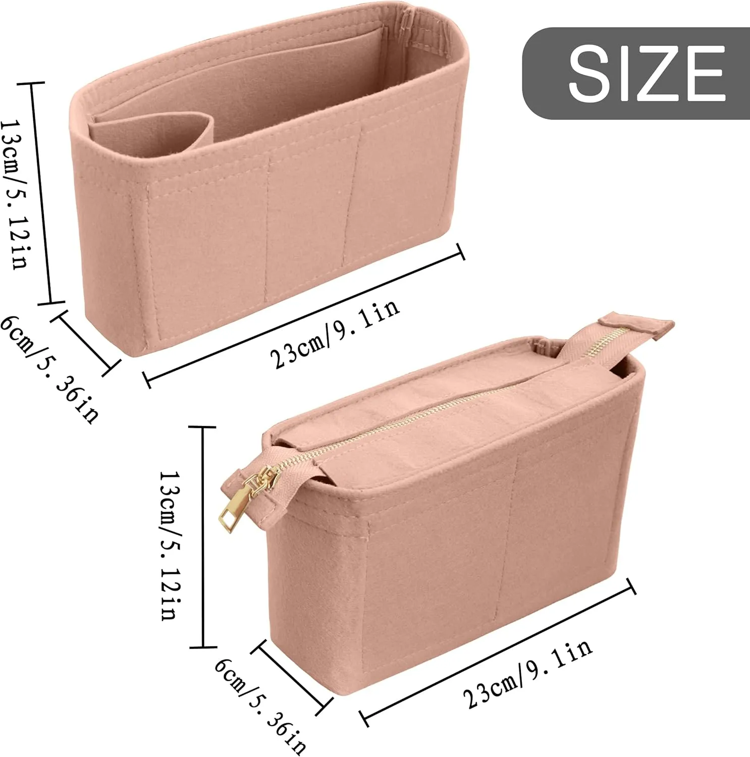 Felt Tote Bag organizer with Zipper Small Purse Organizer Insert With 2 Packs fits NeoNoe Series,Pink