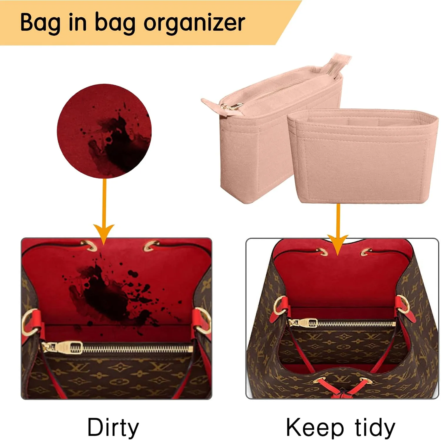 Felt Tote Bag organizer with Zipper Small Purse Organizer Insert With 2 Packs fits NeoNoe Series,Pink