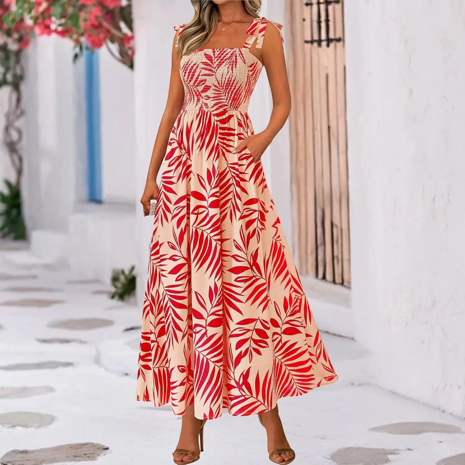 Floral Dress for Women Summer Casual Flowy Smocked Empire Waist Sleeveless Tie Beach A Line Maxi Dresses with Pockets