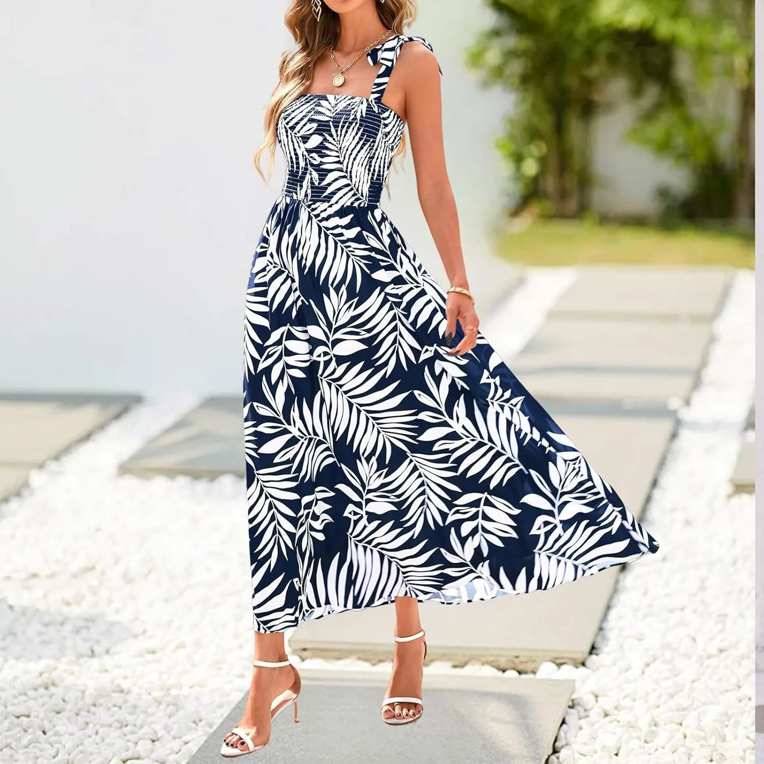 Floral Dress for Women Summer Casual Flowy Smocked Empire Waist Sleeveless Tie Beach A Line Maxi Dresses with Pockets