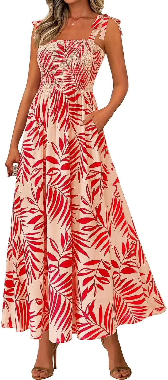 Floral Dress for Women Summer Casual Flowy Smocked Empire Waist Sleeveless Tie Beach A Line Maxi Dresses with Pockets