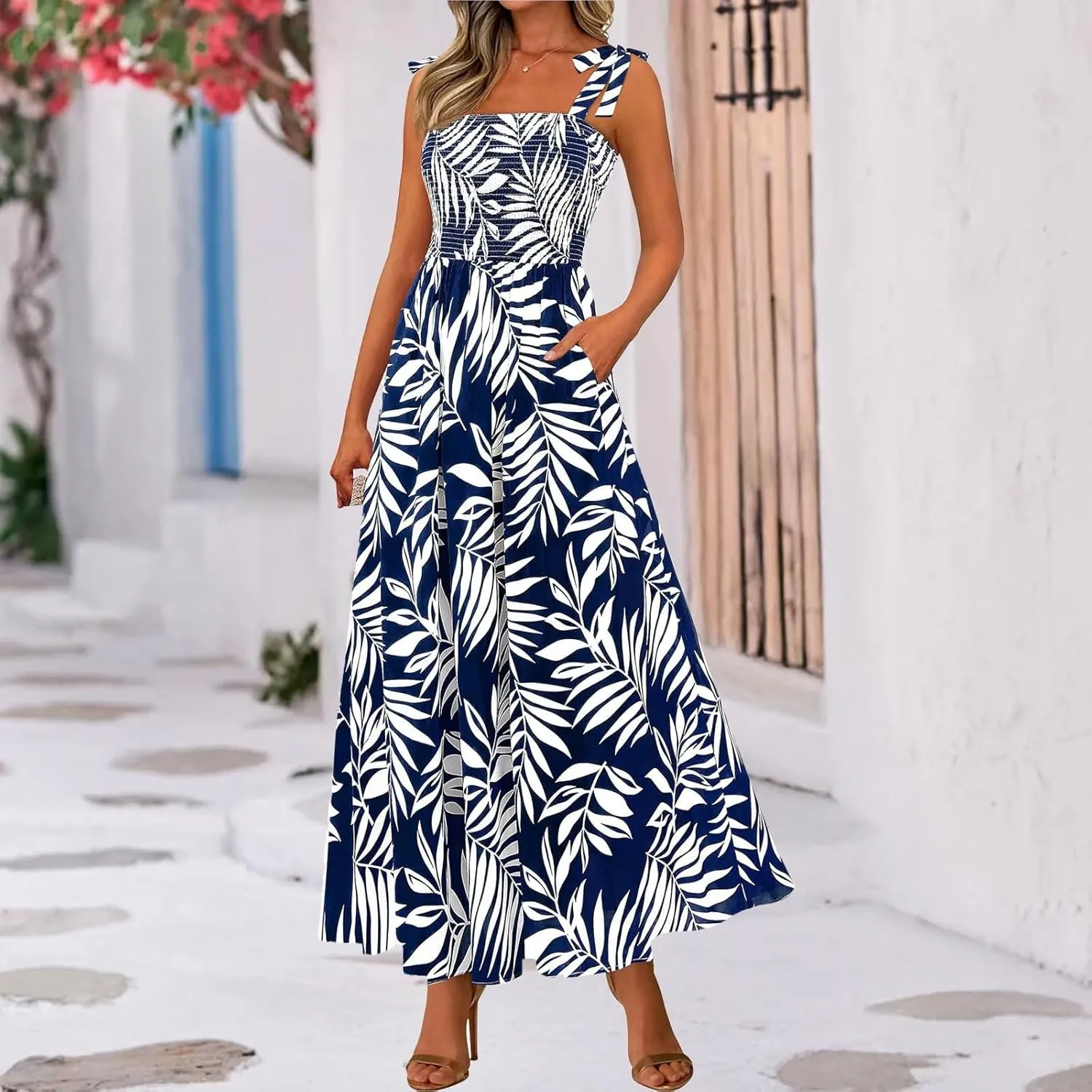 Floral Dress for Women Summer Casual Flowy Smocked Empire Waist Sleeveless Tie Beach A Line Maxi Dresses with Pockets