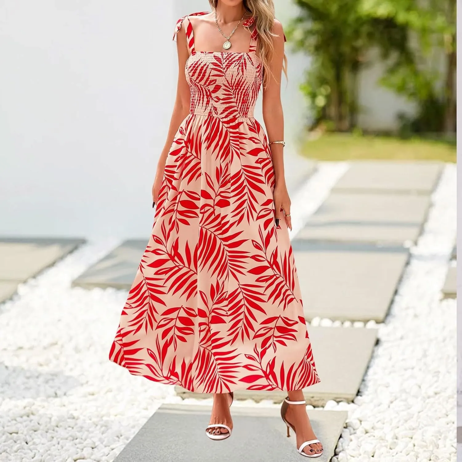 Floral Dress for Women Summer Casual Flowy Smocked Empire Waist Sleeveless Tie Beach A Line Maxi Dresses with Pockets