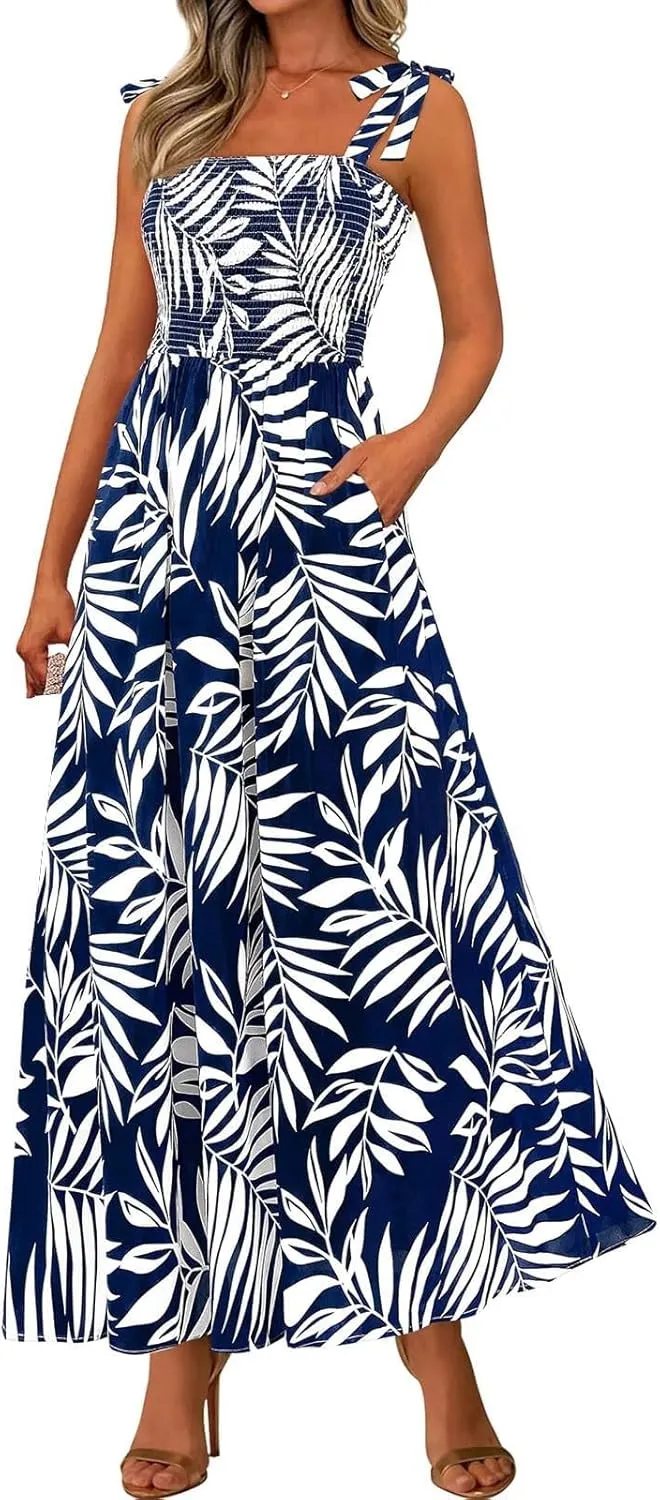 Floral Dress for Women Summer Casual Flowy Smocked Empire Waist Sleeveless Tie Beach A Line Maxi Dresses with Pockets