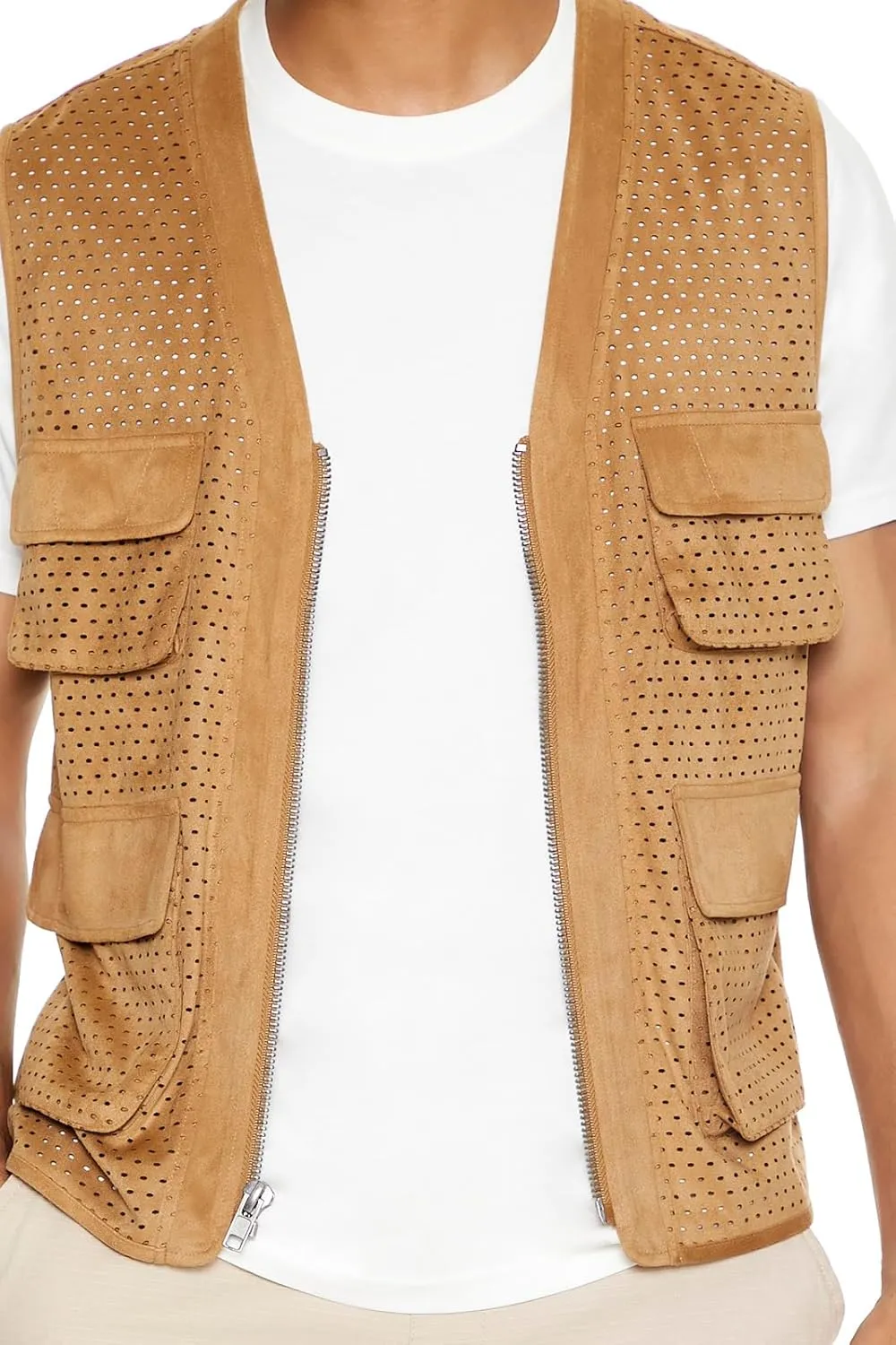 Forever 21 mens Faux Suede Perforated Cargo Vest