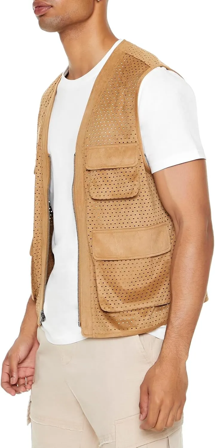 Forever 21 mens Faux Suede Perforated Cargo Vest