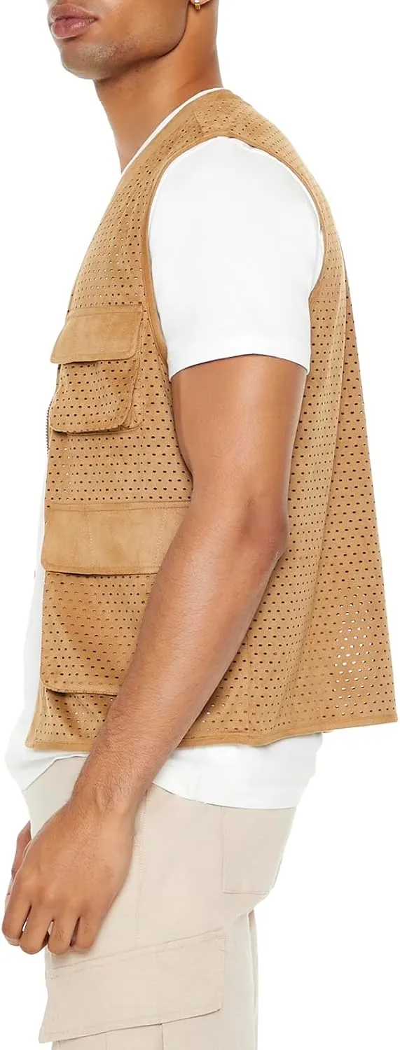 Forever 21 mens Faux Suede Perforated Cargo Vest