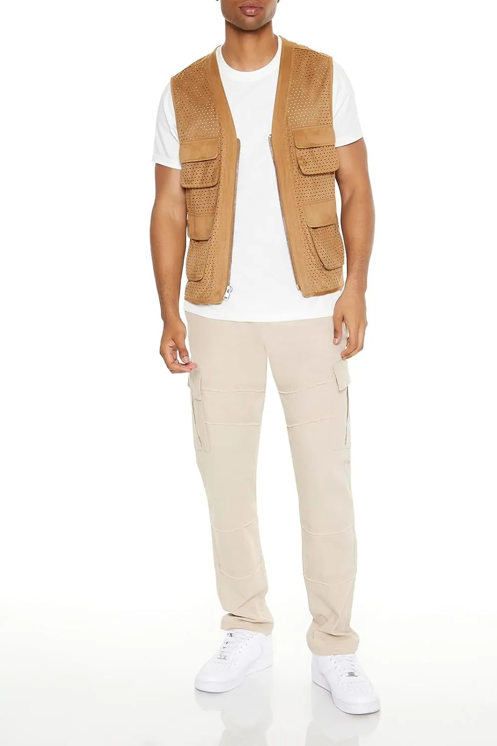 Forever 21 mens Faux Suede Perforated Cargo Vest