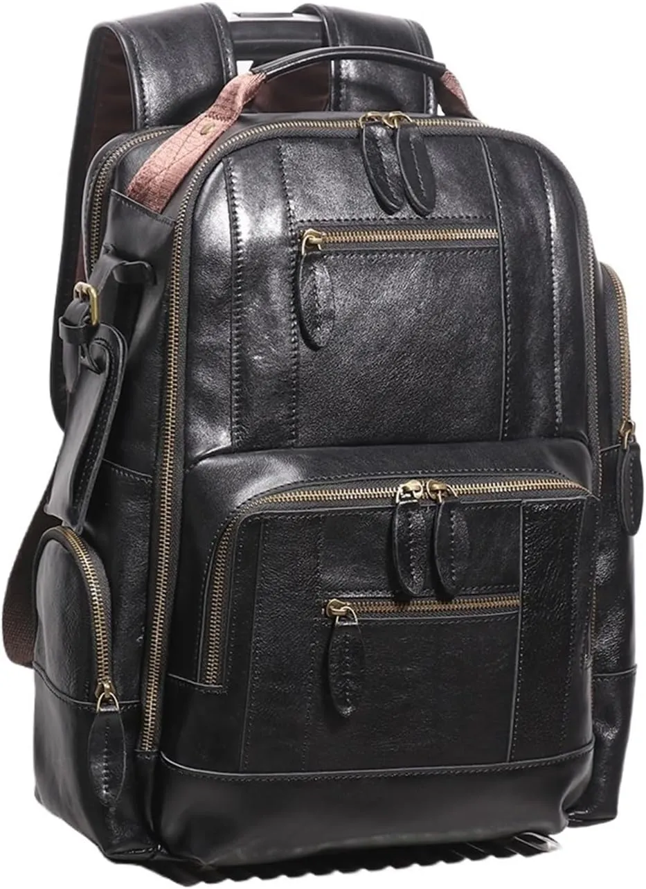 Genuine Leather Large Capacity Multifunctional Crazy Horse Leather Backpack Travel Business Laptop Bag(Coffee)