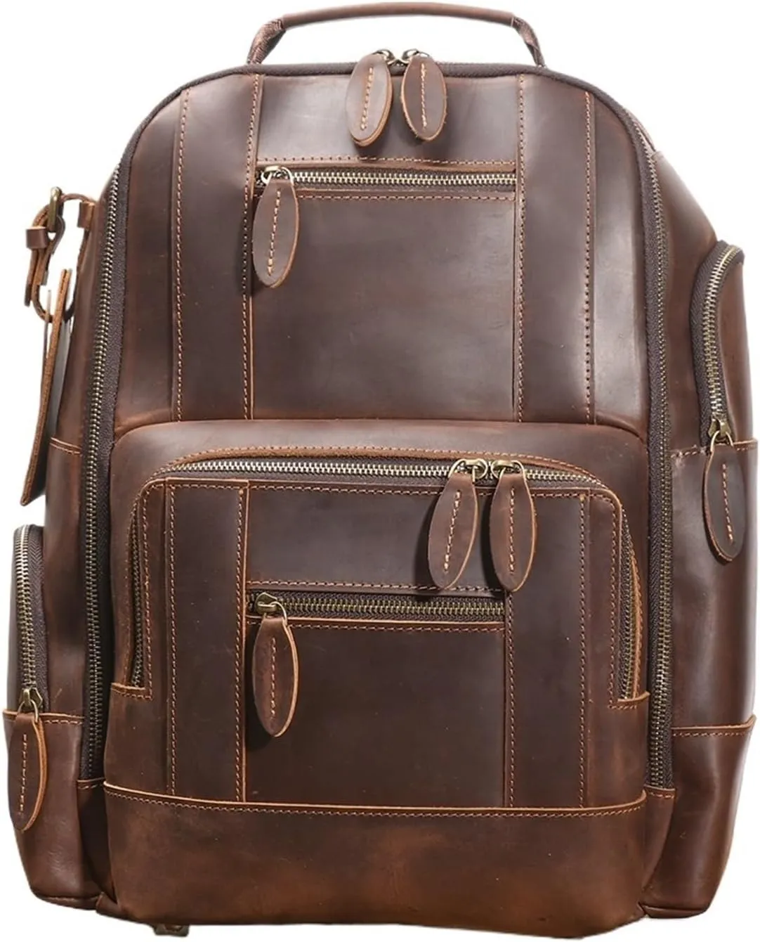 Genuine Leather Large Capacity Multifunctional Crazy Horse Leather Backpack Travel Business Laptop Bag(Coffee)