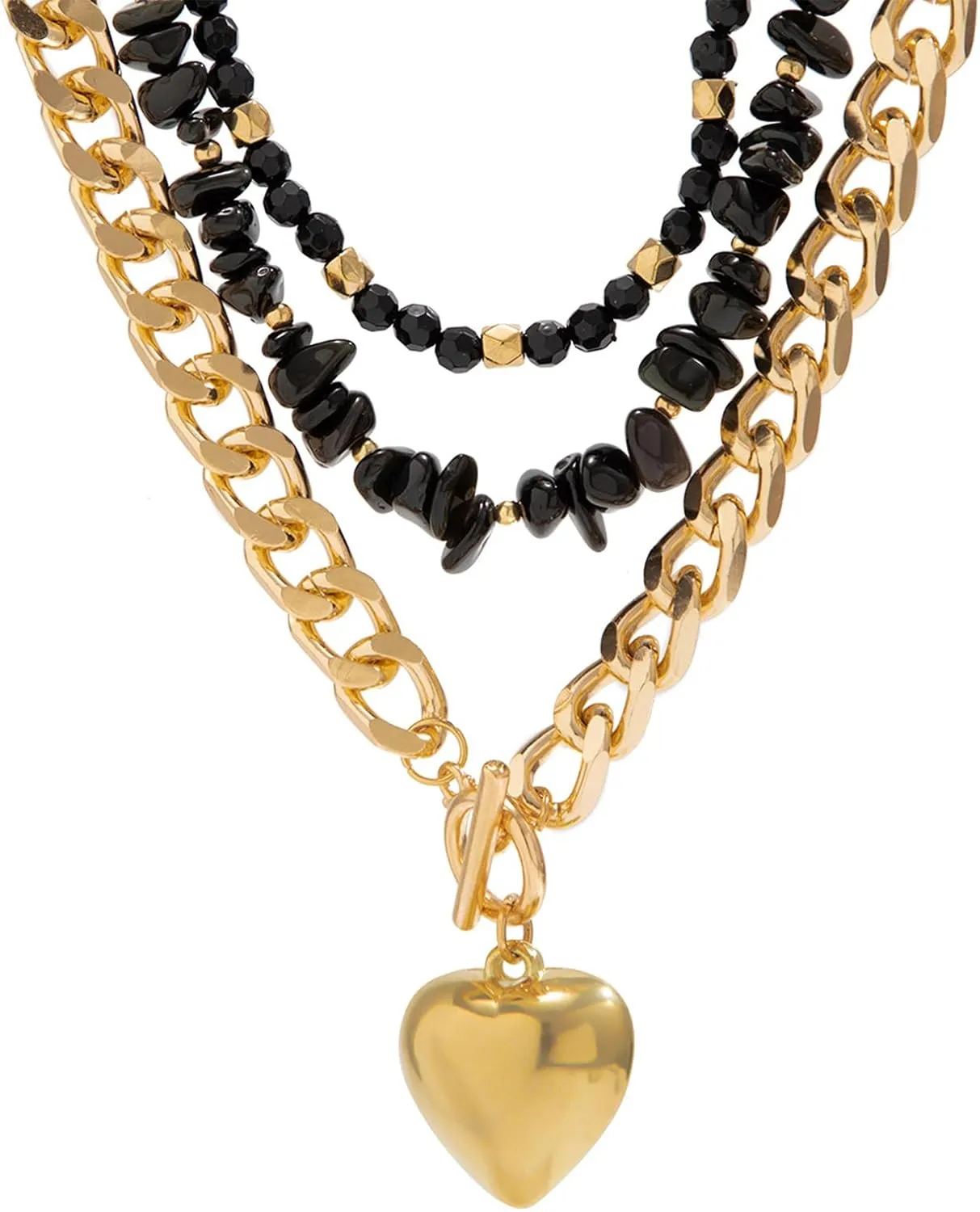 GIGB PBDK Trendy Gold Layered Heart Necklace Set for Women Retro Beads Love Pendant Necklaces Chunky Chain Choker Necklaces Jewelry Birthday Gifts
