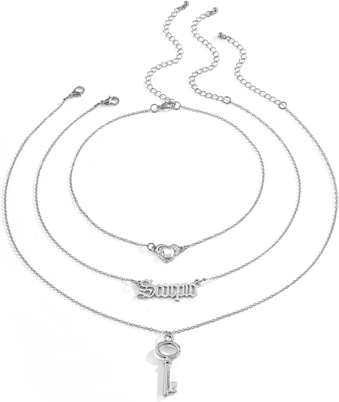 Girls Layered Necklaces for Teens, 3 Layer Necklace for Women Silver Lobster Claw Heart Shaped Letter Cutout Design Friendship Girls' Jewelry