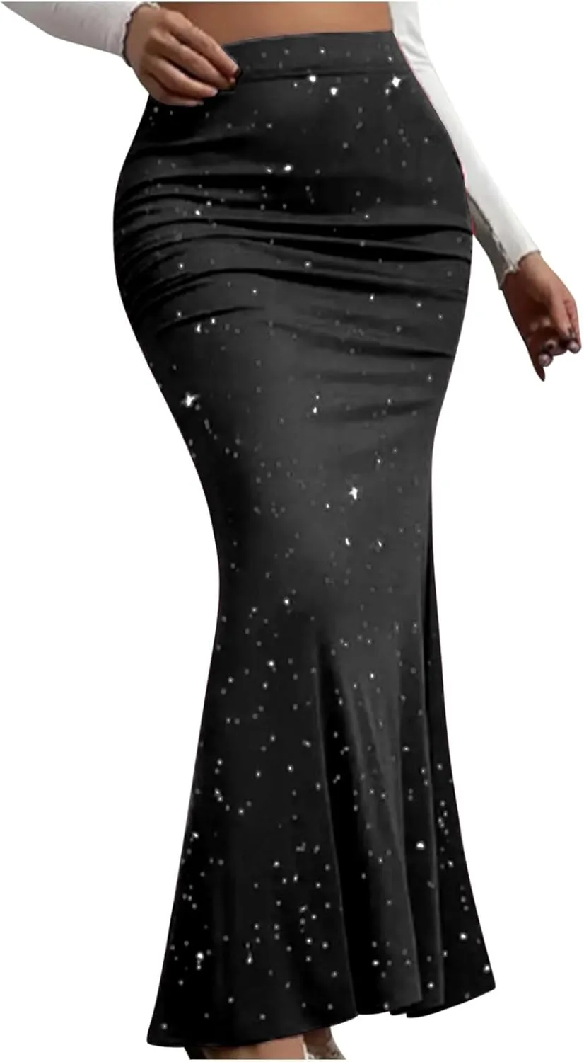 Glitter Bodycon Maxi Skirts Women High Waist Fishtail Maxi Skirt Dressy Elegant Sequin Sparkly Skirts 2024 New