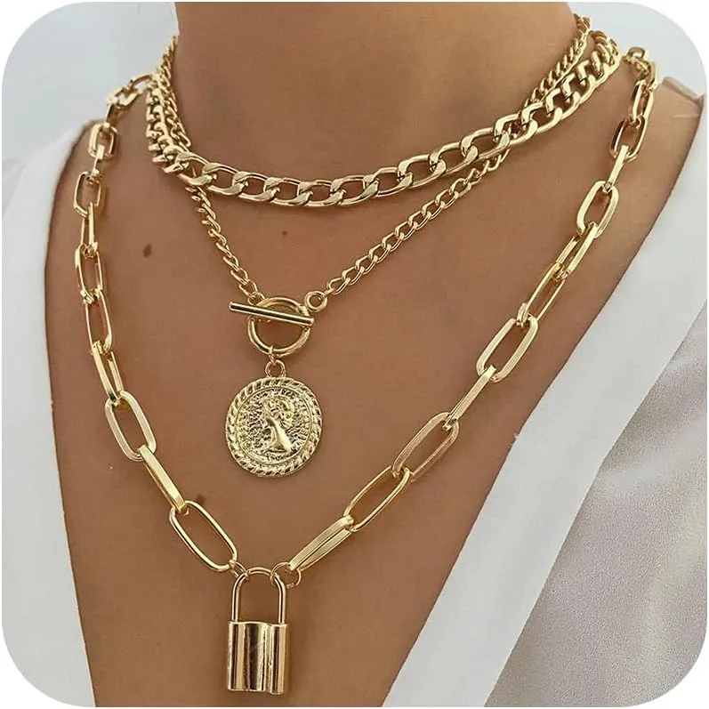 Gold Layered Necklaces for Women Chunky Layered Gold Necklaces Stacked Paperclip Chain Pearl Necklace Herringbone Choker Toggle Clasp Necklace Trendy Jewelry Gifts for Her