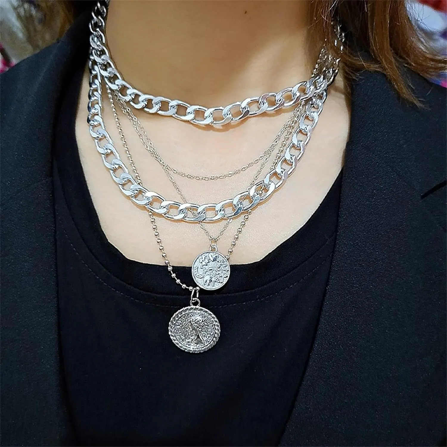 Gold Layered Necklaces for Women,Gold Pirate Necklace Trendy Retro Coin Pendant Necklace Dainty Chunky Gold Chain Stacked Necklaces Punk Pirate Jewelry