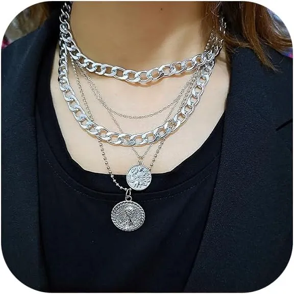 Gold Layered Necklaces for Women,Gold Pirate Necklace Trendy Retro Coin Pendant Necklace Dainty Chunky Gold Chain Stacked Necklaces Punk Pirate Jewelry
