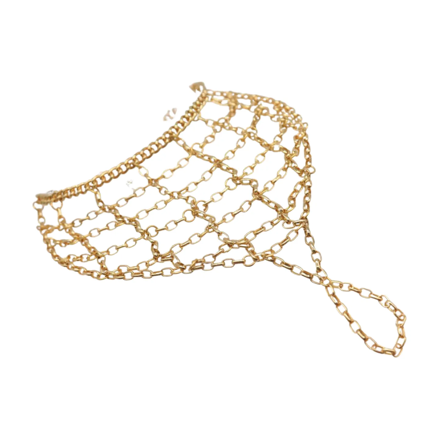 Gold Metal Hand Chain Bracelet Web Net Ring One Size Fits All