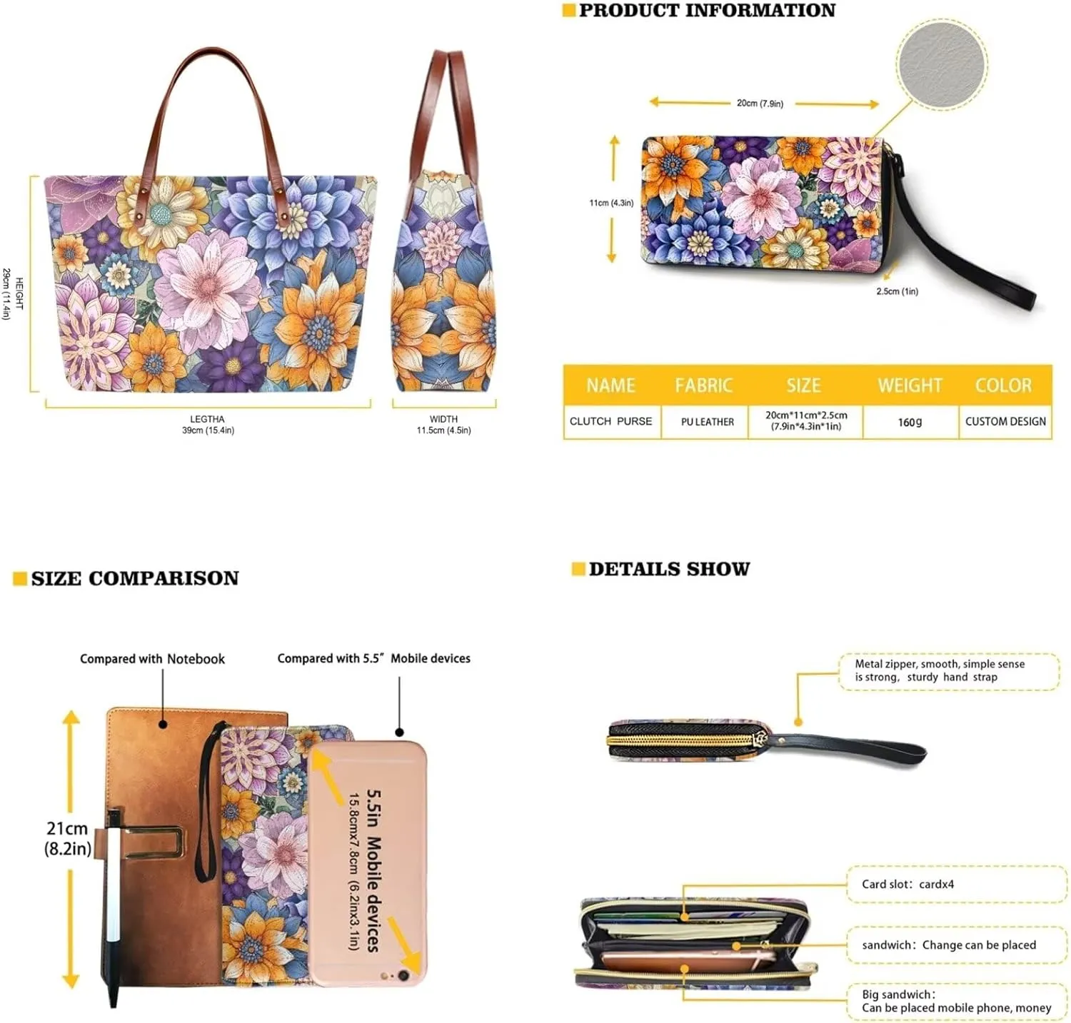 Handbags for Women Large Capacity Crossbody Totes with Wallet Clutch 2pcs Set