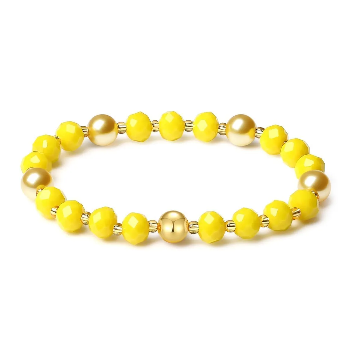 Handmade DIY Original Elastic Jewelry Bracelets with 10MM Gold South Sea Shell Pearl Blessing and 18K Ball Natural Crystal Bracelet - Mother's Day Gift (Porcelain Yellow)