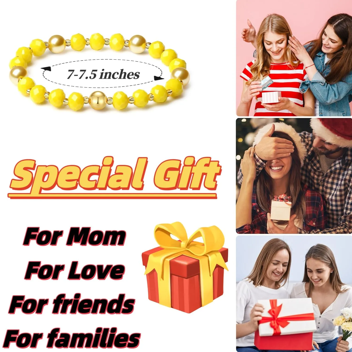 Handmade DIY Original Elastic Jewelry Bracelets with 10MM Gold South Sea Shell Pearl Blessing and 18K Ball Natural Crystal Bracelet - Mother's Day Gift (Porcelain Yellow)