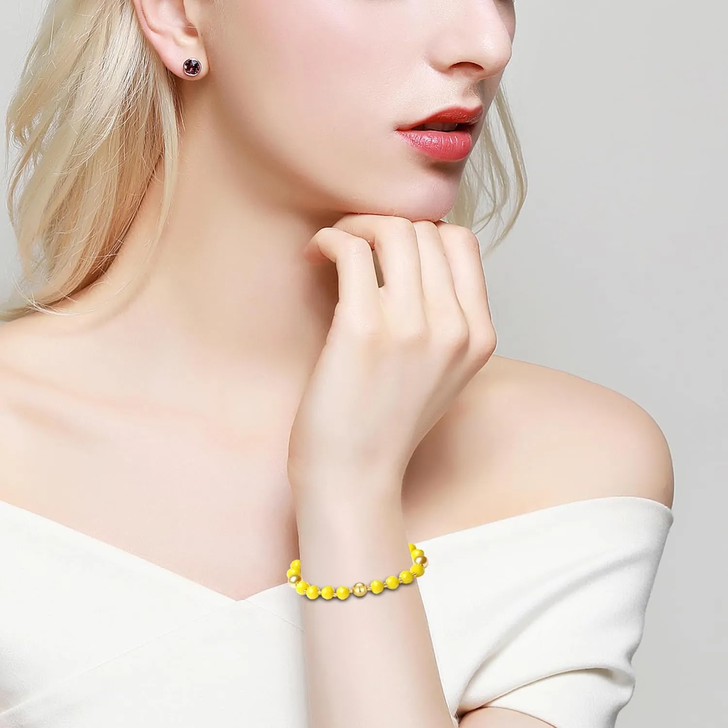 Handmade DIY Original Elastic Jewelry Bracelets with 10MM Gold South Sea Shell Pearl Blessing and 18K Ball Natural Crystal Bracelet - Mother's Day Gift (Porcelain Yellow)