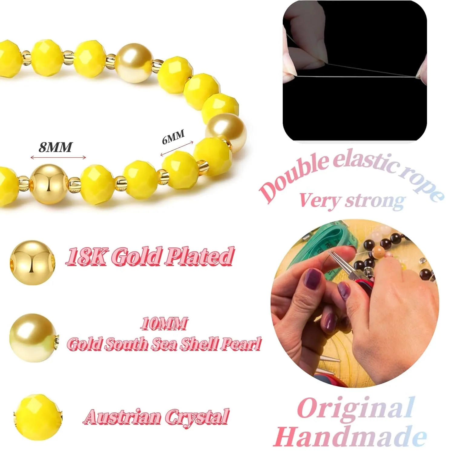 Handmade DIY Original Elastic Jewelry Bracelets with 10MM Gold South Sea Shell Pearl Blessing and 18K Ball Natural Crystal Bracelet - Mother's Day Gift (Porcelain Yellow)