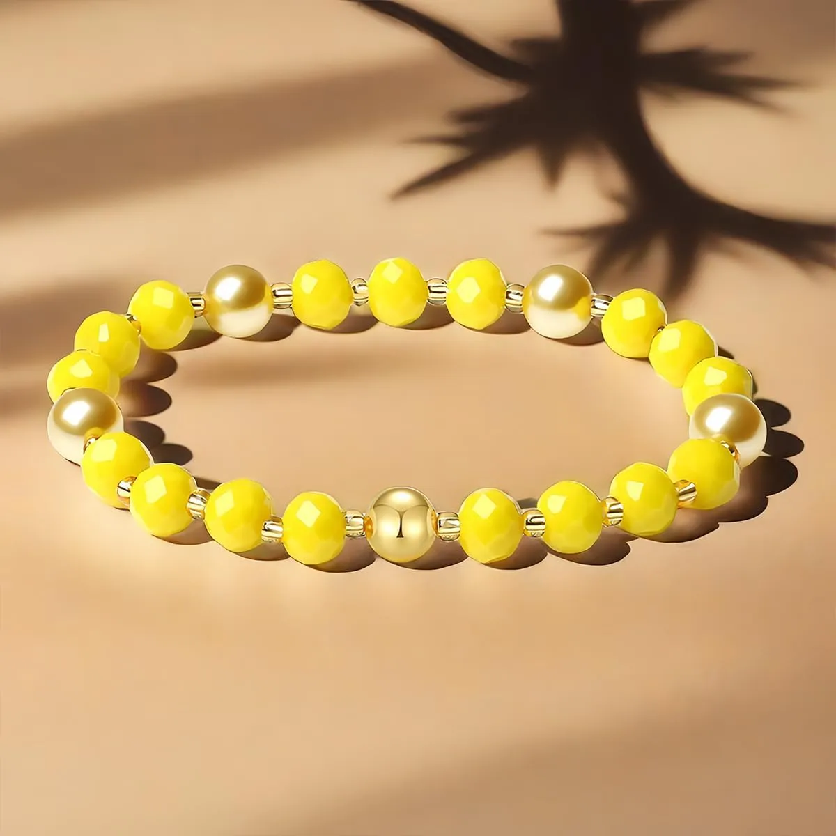 Handmade DIY Original Elastic Jewelry Bracelets with 10MM Gold South Sea Shell Pearl Blessing and 18K Ball Natural Crystal Bracelet - Mother's Day Gift (Porcelain Yellow)