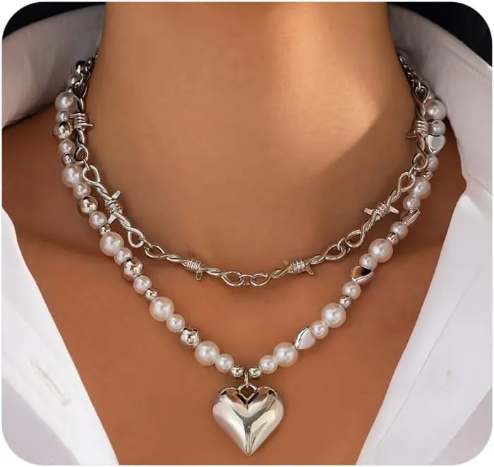 Heart Layered Necklaces for Women,Gold Puffy Heart Pendant Stack Necklaces Pearl Beaded Choker Necklace,Trendy Love Statement Necklace Jewelry Gifts