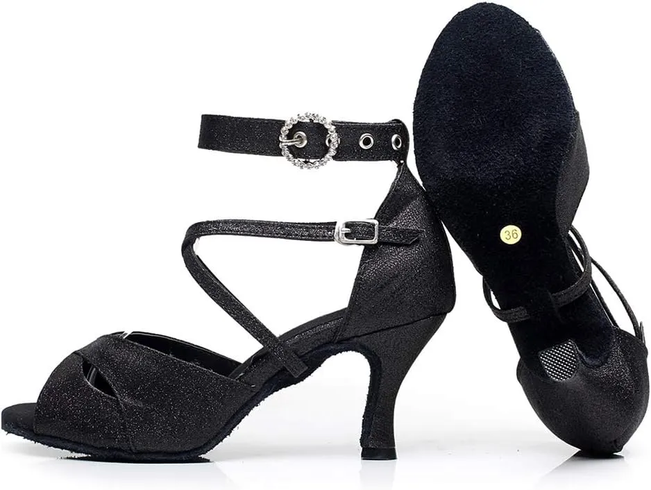 HIPPOSEUS Women Glitter Ballroom Dance Shoes Ankle Strap Latin Salsa Performance Dance Shoes,Model QJW