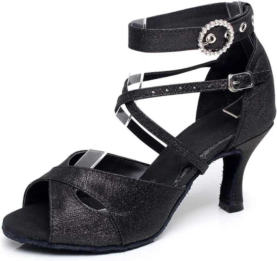 HIPPOSEUS Women Glitter Ballroom Dance Shoes Ankle Strap Latin Salsa Performance Dance Shoes,Model QJW